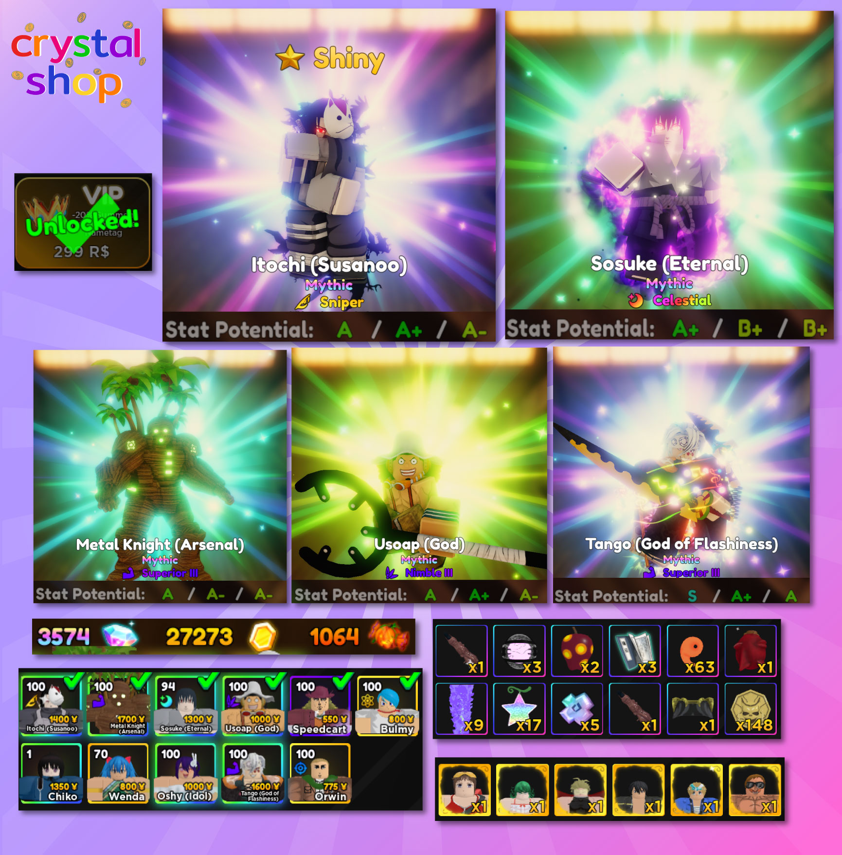 [Anime Adventures/AA] Lv.120 | Sosuke(Celestial)+Shiny Itochi(Sniper) | MK(Sup3)+Usoap(Nim2)+Tango(Sup3) | ไอดีสะอาด!